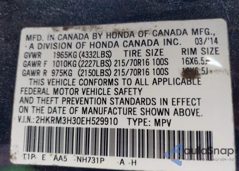 2014 Honda Cr-V Lx z USA, uszkodzony, nr VIN 2HKRM3H30EH529910